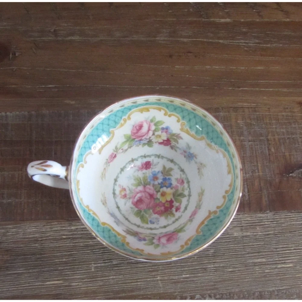 VTG 50's E.B. Foley Windsor Green Lattice Cup Saucer Scalloped Gold Trim England